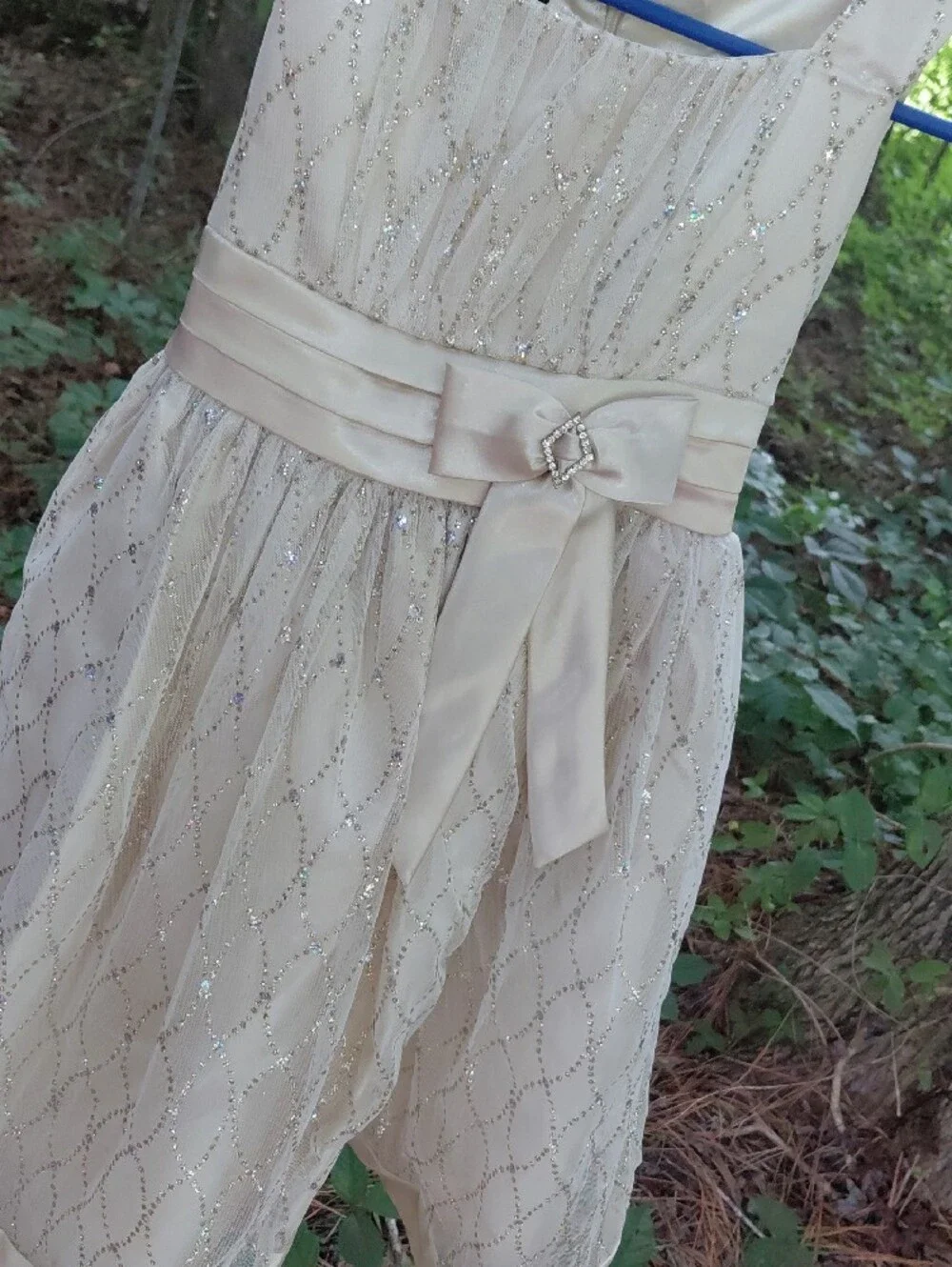 Girls' Ivory Satin & Sequin Party Dress with Bow